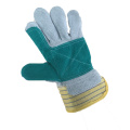 NMSAFETY Natural cow split leather glove, double palm, stripe color cotton back, half lining, rubberize safety cuff.